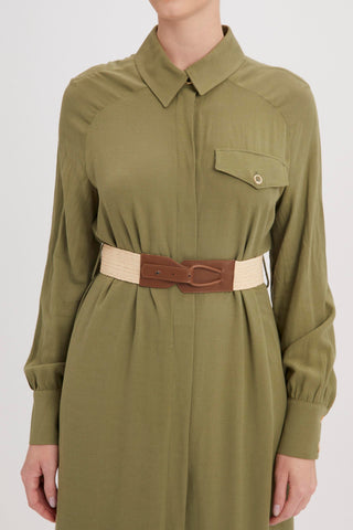 Gömlek Yaka Kemer Detaylı Uzun Keten Haki Elbise 0358