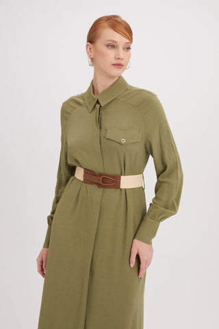 Gömlek Yaka Kemer Detaylı Uzun Keten Haki Elbise 0358