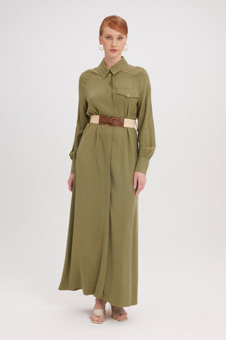 Gömlek Yaka Kemer Detaylı Uzun Keten Haki Elbise 0358