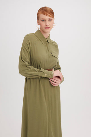 Gömlek Yaka Kemer Detaylı Uzun Keten Haki Elbise 0358