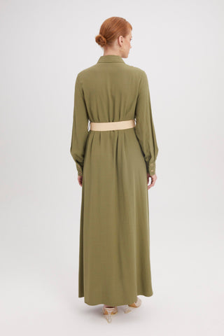 Gömlek Yaka Kemer Detaylı Uzun Keten Haki Elbise 0358