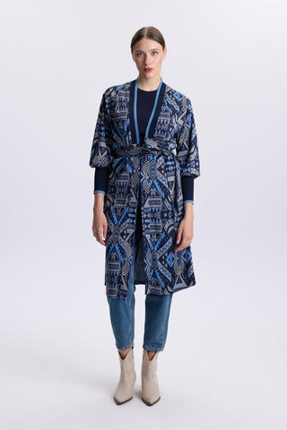 Desenli Kuşak Detaylı  Satin Indigo Hırka 0007