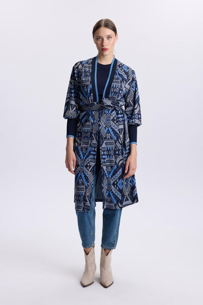 Desenli Kuşak Detaylı  Satin Indigo Hırka 0007