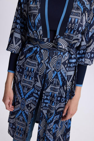 Desenli Kuşak Detaylı  Satin Indigo Hırka 0007