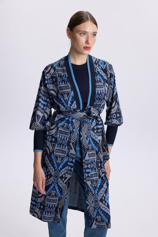 Desenli Kuşak Detaylı  Satin Indigo Hırka 0007