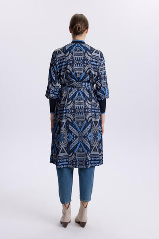 Desenli Kuşak Detaylı  Satin Indigo Hırka 0007