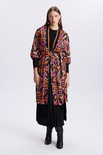 Desenli Kuşak Detaylı  Satin Oranj Hırka 0007