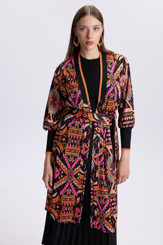 Desenli Kuşak Detaylı  Satin Oranj Hırka 0007