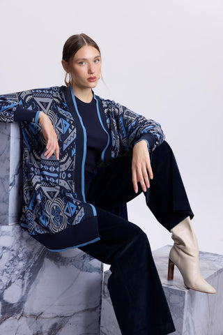 Etnik Desenli Bel Bağlamalı Indigo Hırka 0012