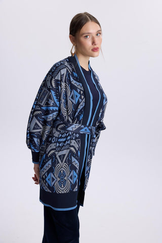 Etnik Desenli Bel Bağlamalı Indigo Hırka 0012