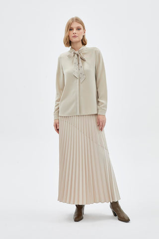 Bow Collar Long Sleeve Shirt Beige Blouse/Shirt 0088