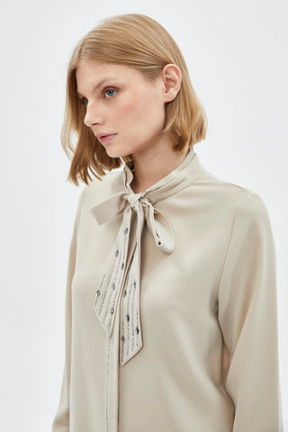 Bow Collar Long Sleeve Shirt Beige Blouse/Shirt 0088