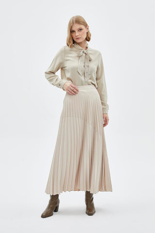 Bow Collar Long Sleeve Shirt Beige Blouse/Shirt 0088