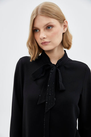 Bow Collar Long Sleeve Shirt Black Blouse/Shirt 0088