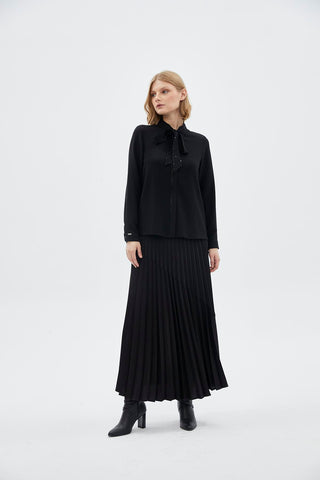 Fiyonk Yaka Uzun Kollu Gömlek Siyah Gömlek 0088