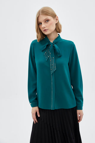 Bow Collar Long Sleeve Shirt Emerald Blouse/Shirt 0088