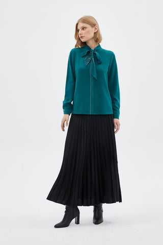 Bow Collar Long Sleeve Shirt Emerald Blouse/Shirt 0088