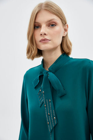 Bow Collar Long Sleeve Shirt Emerald Blouse/Shirt 0088