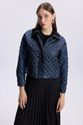 Quilted Patterned Zip-Up Navy Blue Jacket 0106