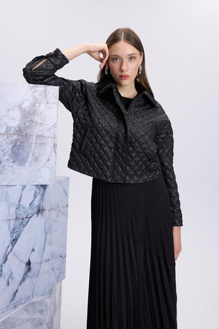 Quilted Patterned Zip-Up Black Jacket 0106