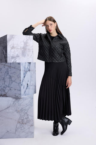 Quilted Patterned Zip-Up Black Jacket 0106