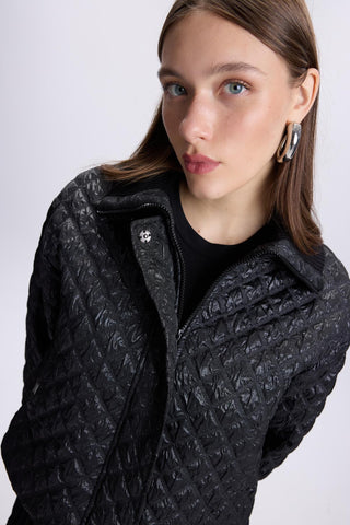 Quilted Patterned Zip-Up Black Jacket 0106