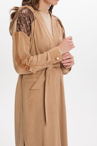 Hooded Sweatshirt with Quilted Shoulder Detail and Belt, Beige, Ready to Wear 0226