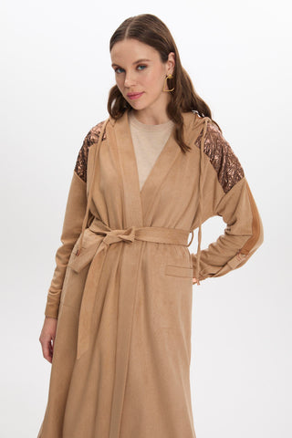 Hooded Sweatshirt with Quilted Shoulder Detail and Belt, Beige, Ready to Wear 0226