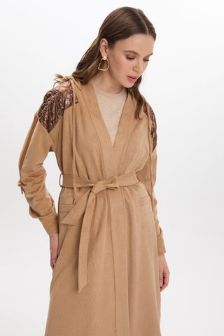 Hooded Sweatshirt with Quilted Shoulder Detail and Belt, Beige, Ready to Wear 0226
