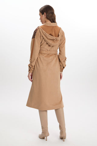 Hooded Sweatshirt with Quilted Shoulder Detail and Belt, Beige, Ready to Wear 0226