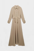 Button Detail Pleated Long Beige Dress 0441