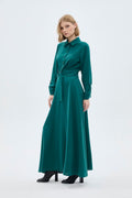 Button Detail Pleated Long Emerald Green Dress 0441