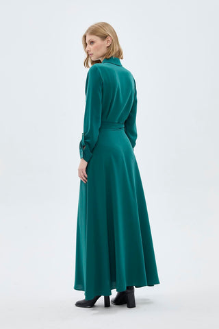 Button Detail Pleated Long Emerald Green Dress 0441