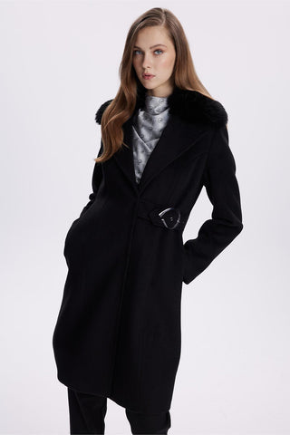 Double-breasted collar, belt detail, cashmere coat, black, coat 13404