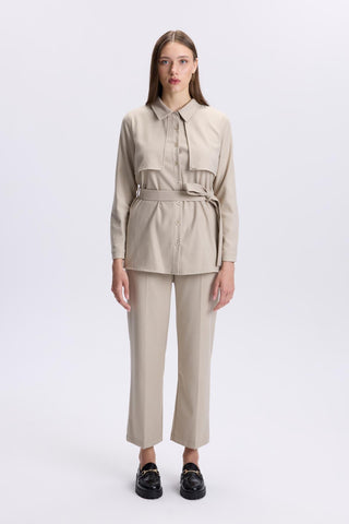 Button Detail Belted Two-Piece Beige Set 1359