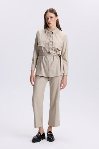Button Detail Belted Two-Piece Beige Set 1359