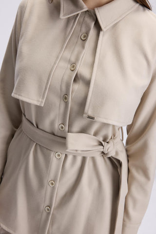 Button Detail Belted Two-Piece Beige Set 1359