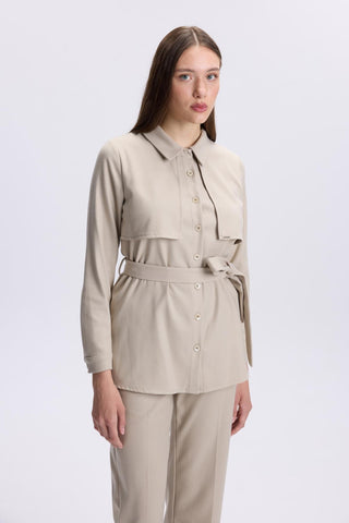Button Detail Belted Two-Piece Beige Set 1359