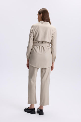 Button Detail Belted Two-Piece Beige Set 1359