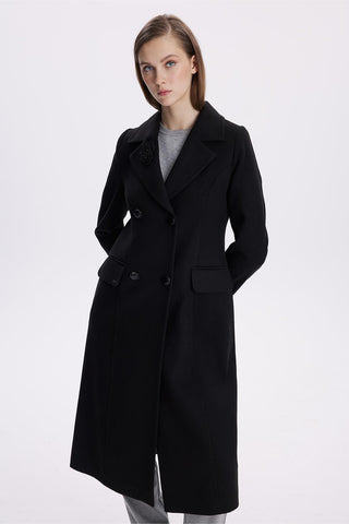 Kruvaze Yaka Aksesuar Detaylı Kaşe Siyah Kaban 13613