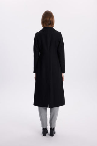 Kruvaze Yaka Aksesuar Detaylı Kaşe Siyah Kaban 13613