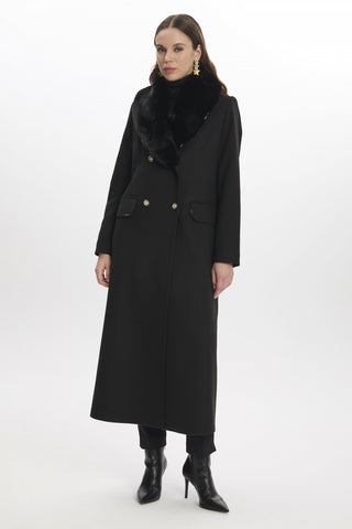 Kürk Yakalı Düğmeli Uzun Siyah Kaban 13623
