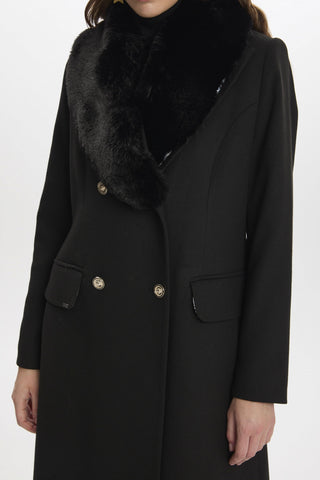 Kürk Yakalı Düğmeli Uzun Siyah Kaban 13623