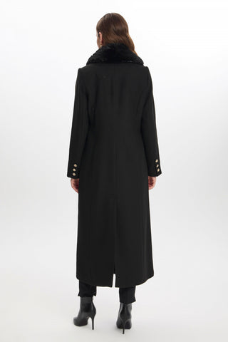 Kürk Yakalı Düğmeli Uzun Siyah Kaban 13623