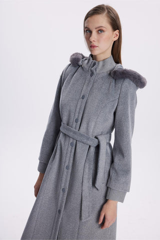 Hooded Fur-Detailed Grey Cashmere Coat 13652
