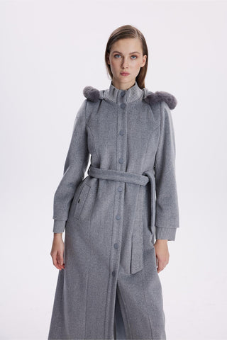 Hooded Fur-Detailed Grey Cashmere Coat 13652