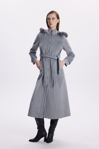 Hooded Fur-Detailed Grey Cashmere Coat 13652
