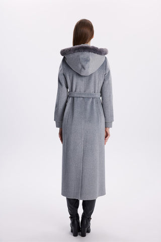 Hooded Fur-Detailed Grey Cashmere Coat 13652
