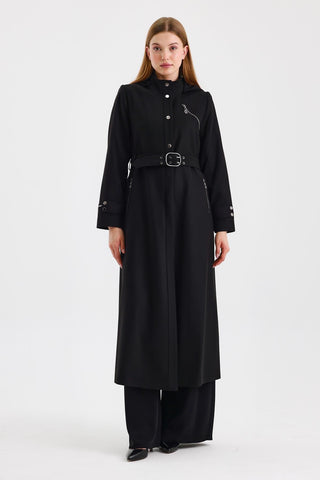 Hooded Trench Coat with Zipper Detail, Black, 13678