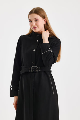 Hooded Trench Coat with Zipper Detail, Black, 13678